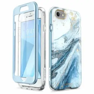 Cosmo 360 Backcover Hoesje met Screen Protector iPhone SE (2022 / 2020) – 8 – 7 – Marmer Blauw