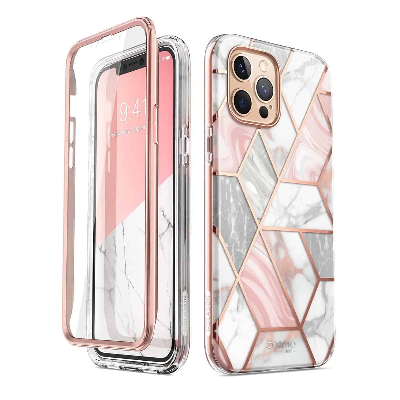 Cosmo 360 Achterkantje met Screen Protector iPhone 12 Pro en 12 - Marble Wit