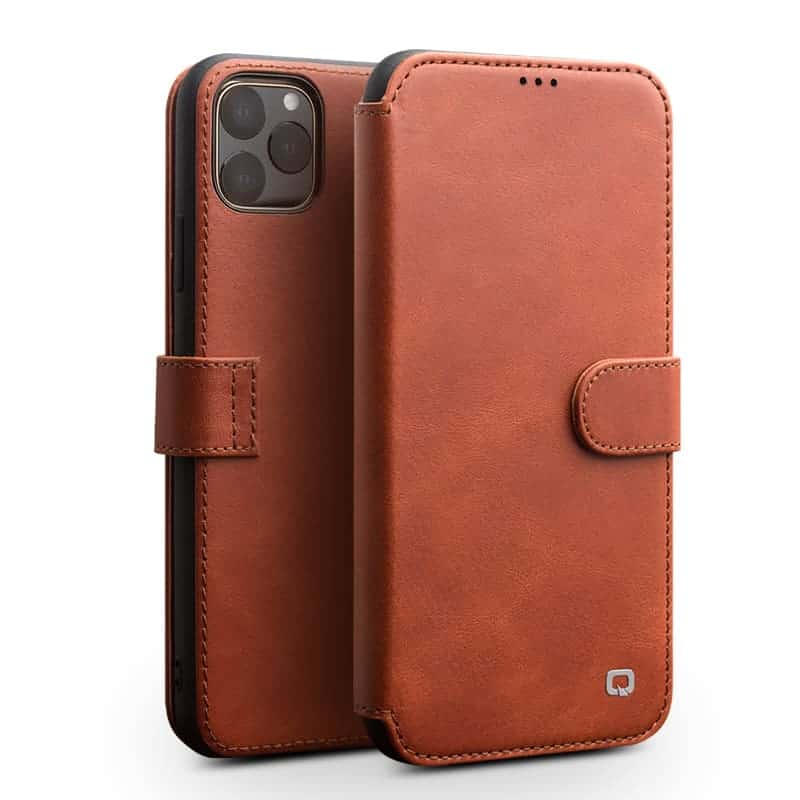 Raak verstrikt beha Besmettelijke ziekte Qialino Luxe Genuine Leather Book Cover iPhone 11 Pro Max - Lichtbruin