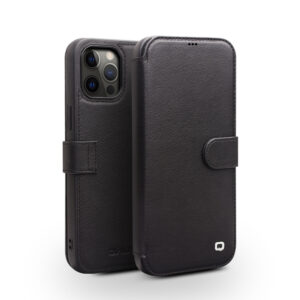 Qialino Genuine Leather Booklet Hoesje iPhone 12 Pro Max – Zwart