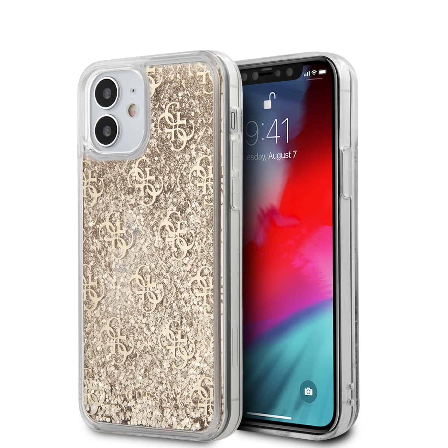 Groene achtergrond efficiëntie hurken Guess 4G Water met Glitters Telefooncover iPhone 12 Mini - Goud