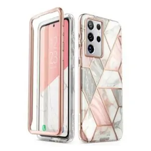 Mooie telefoonhoesje COSMO 360° Backcover Hoesje Met Screen Protector Samsung S21 Ultra - Marble Wit 1