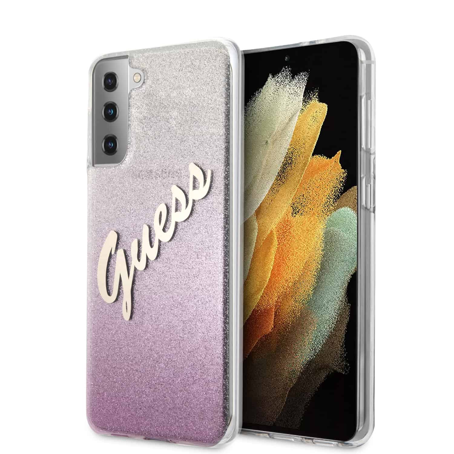 GUESS Glitter Vintage Backcover Hoesje Samsung Galaxy S21 - Roze 1