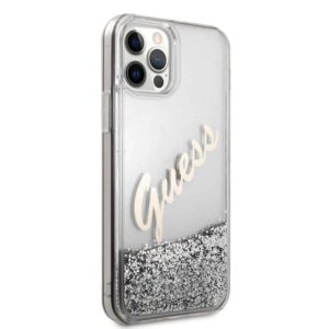 GUESS Liquid Glitter Vintage Backcover Hoesje iPhone 12 Pro Max - Zilver 4
