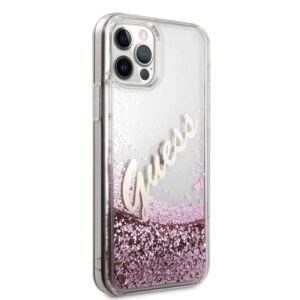 GUESS Liquid Glitter Vintage Backcover Hoesje iPhone 12 Pro Max - Roze 4