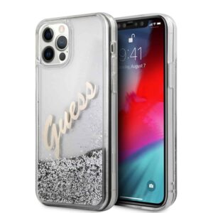 GUESS Liquid Glitter Vintage Backcover Hoesje iPhone 12 Pro Max - Zilver 1