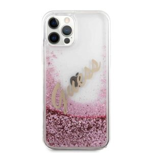 GUESS Liquid Glitter Vintage Backcover Hoesje iPhone 12 Pro Max - Roze 3