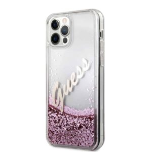 GUESS Liquid Glitter Vintage Backcover Hoesje iPhone 12 Pro Max - Roze 2