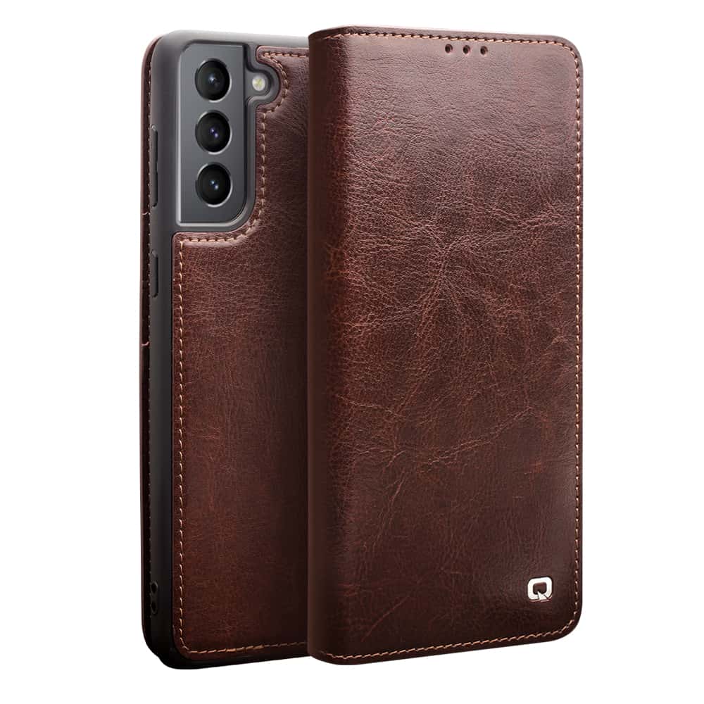 Qialino Genuine Leather Beschermend Telefoonhoesje Samsung Galaxy S21 Plus - Bruin