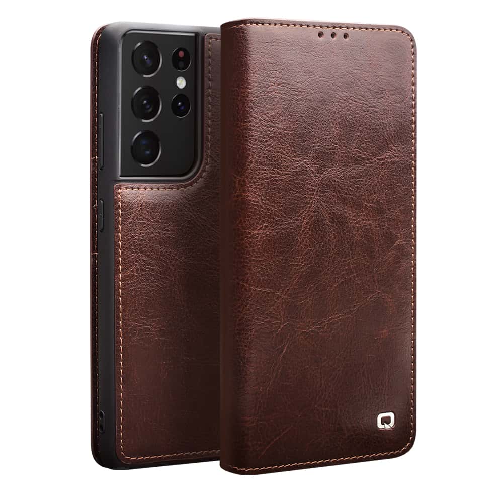 Qialino Genuine Leather Book Cover Samsung S21 Ultra - Bruin