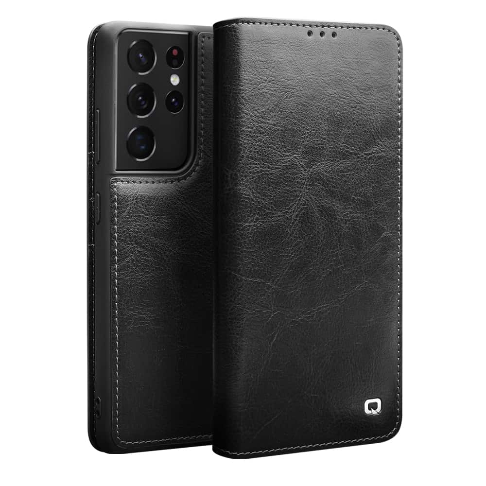 Qialino Luxe Genuine Leather Bookcase Hoesje Samsung Galaxy S21 Ultra - Zwart 1
