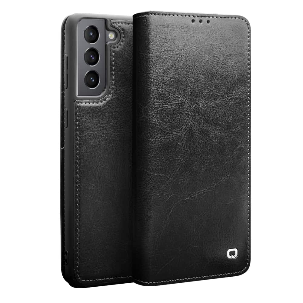 Qialino Genuine Leather Bookcover Samsung Galaxy S21 - Zwart