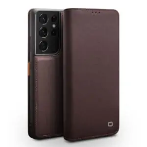 Qialino Lederen Boek Hoesje Samsung S21 Ultra – Bruin