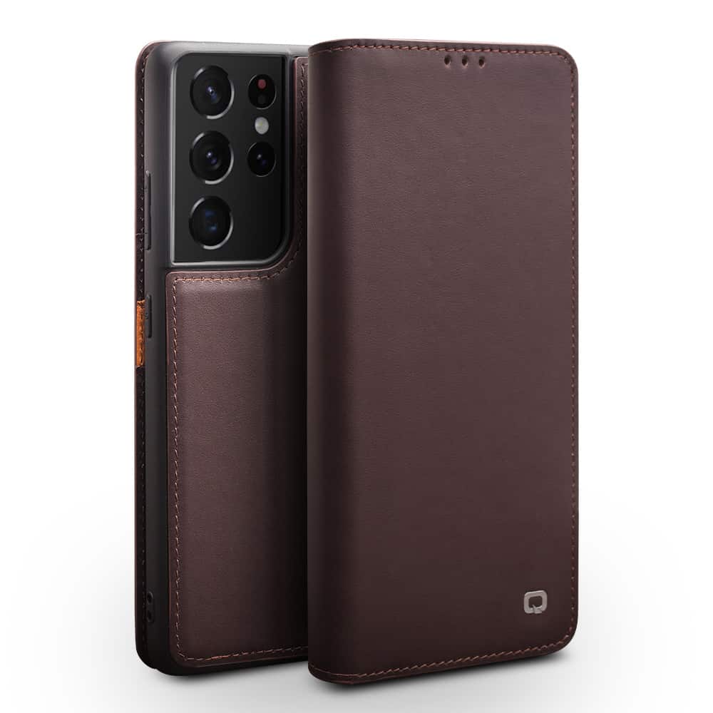 Qialino Lederen Boek Hoesje Samsung S21 Ultra - Bruin