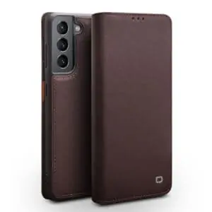 Qialino Lederen Book Telefoonhoesje Samsung Galaxy S21 – Bruin