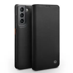 Qialino Lederen Telefoonboekje Samsung Galaxy S21 – Zwart