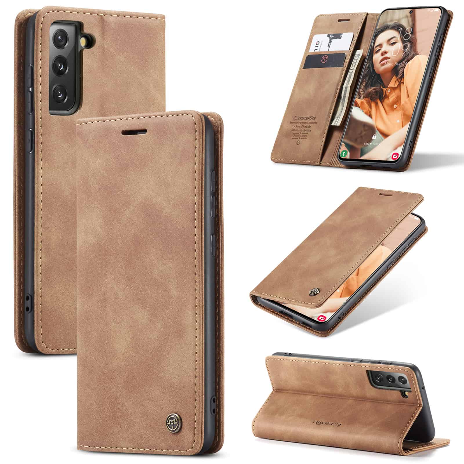 Caseme Retro Boekmodel Hoesje Samsung Galaxy S21 FE - Bruin 1