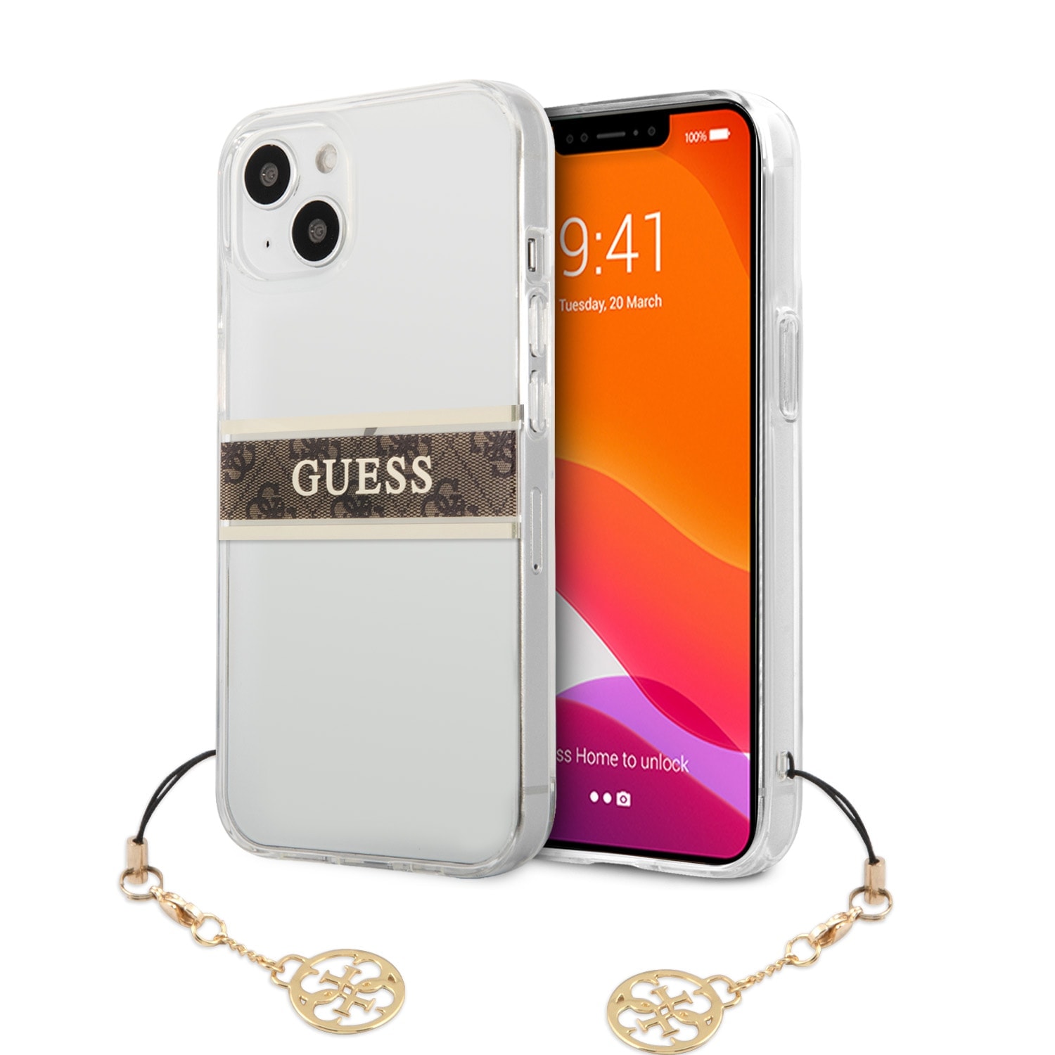 GUESS Charms Transparant Backcover iPhone 13 Hoesje - Bruin 1