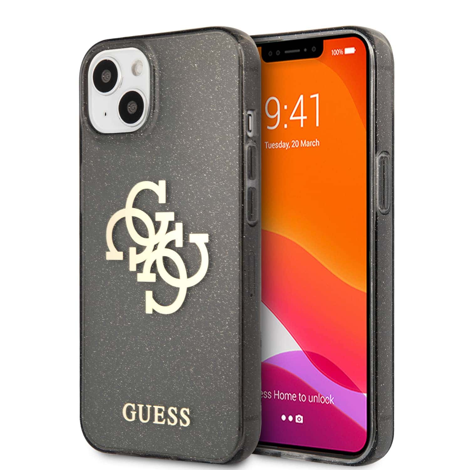 Guess Glitters Backcover iPhone 13 Mini Hoesje Zwart