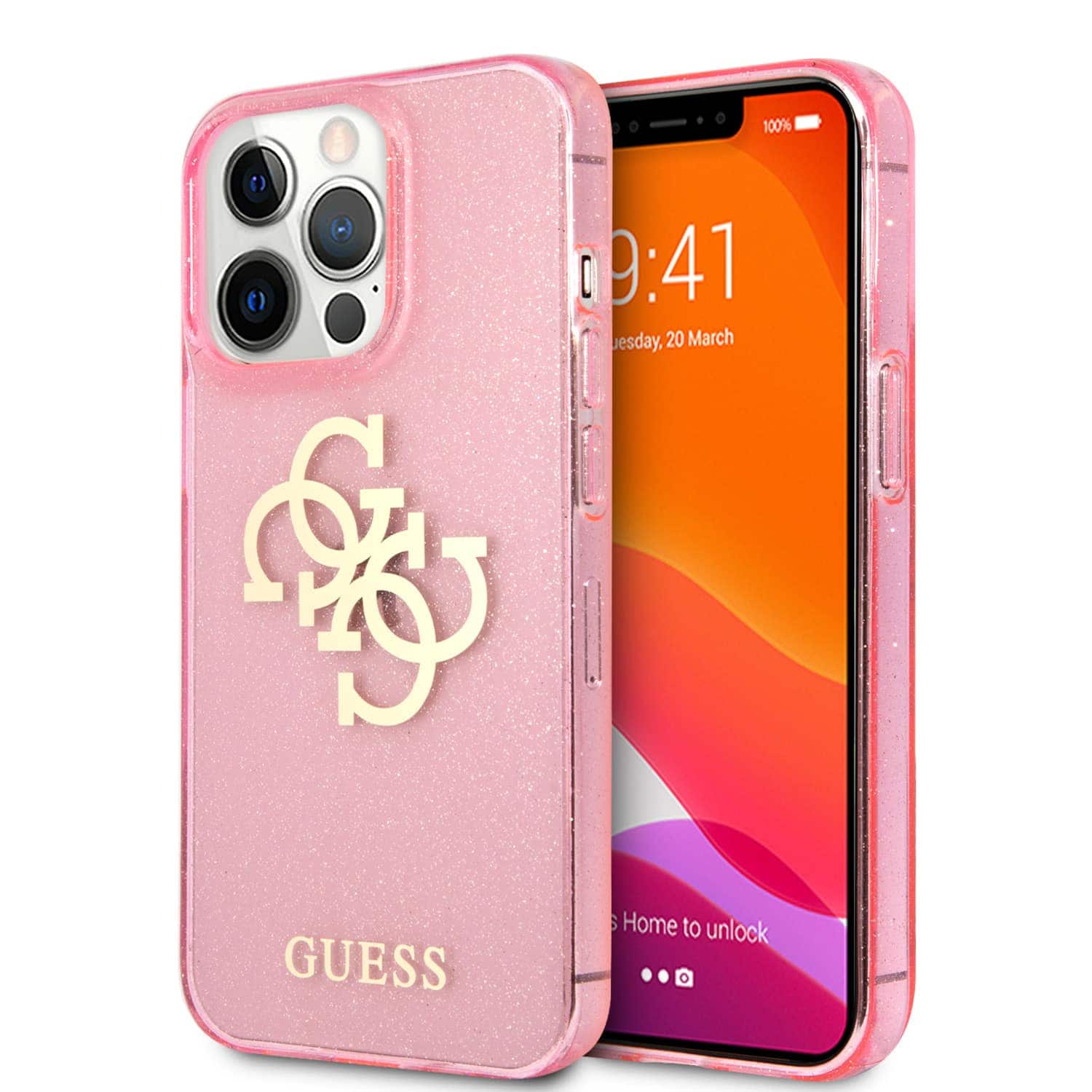 GUESS Glitters Backcover iPhone 13 Pro Hoesje - Roze 1