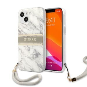 GUESS Marble Design Backcover iPhone 13 - Nylon Polsband - Grijs 1