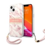 Guess Marble Design Backcover iPhone 13 Mini – Nylon Polsband – Roze