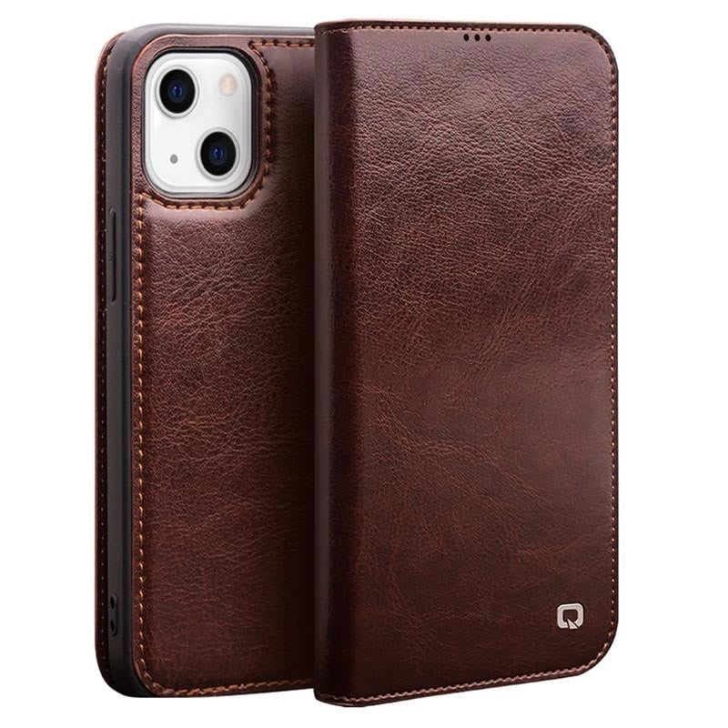 Qialino Lederen Bookcase Hoesje iPhone 13 - Bruin