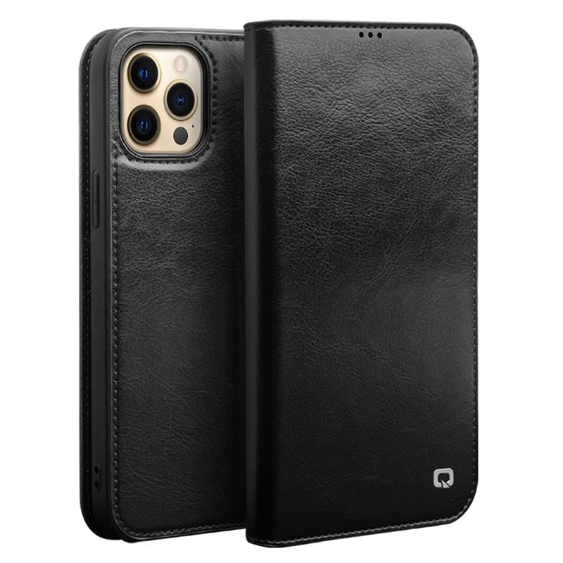 Qialino Lederen Bookcase Hoesje iPhone 13 Pro Max - Zwart