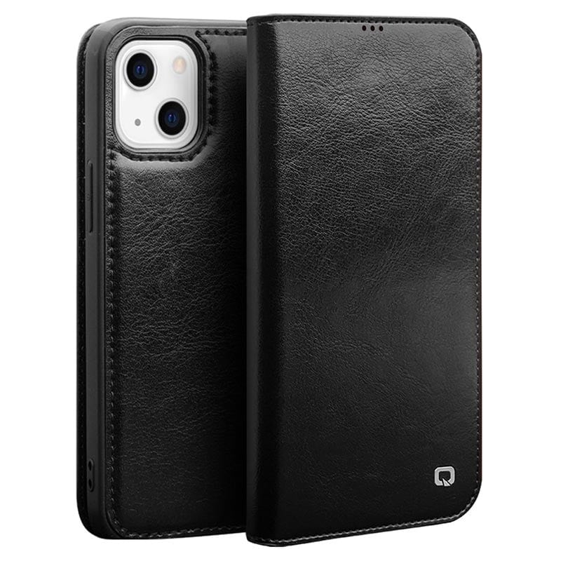 Qialino Lederen Bookcase Hoesje iPhone 13 - Zwart