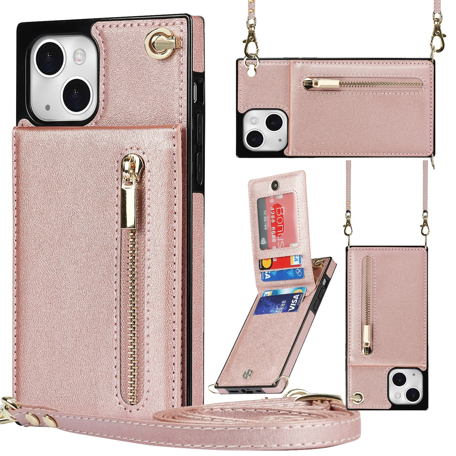 Kiezelsteen het formulier lokaal Fashion Wallet hoesje met koord iPhone 14 - Roségoud