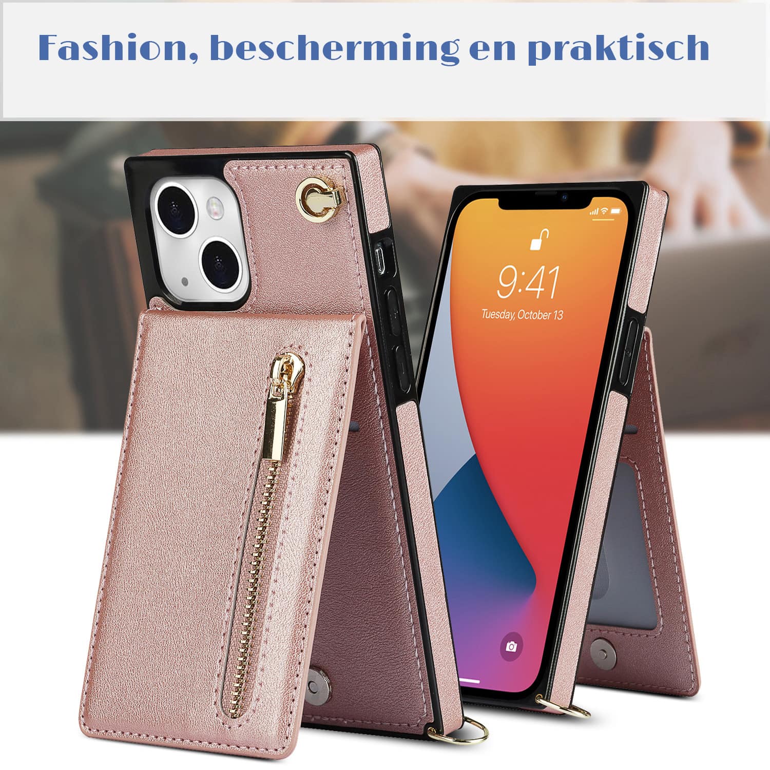iPhone 13 Mini leren hoesje met standaard en pashouder (roze