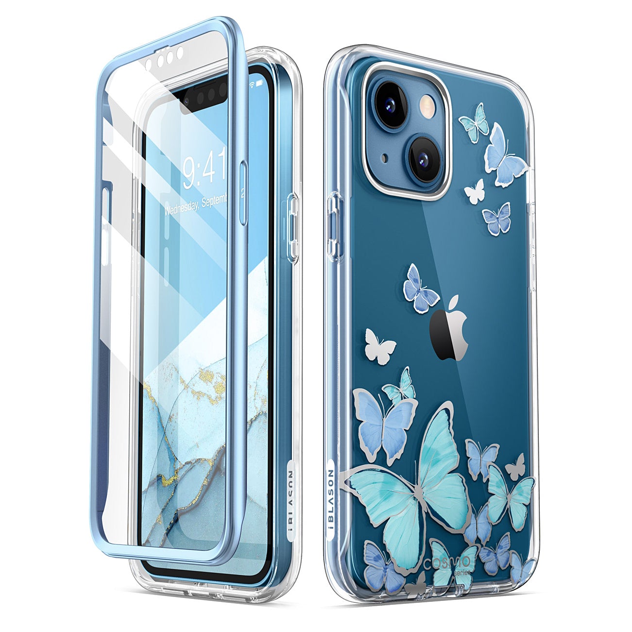 Cosmo 360 Backcover Hoesje met Screen Protector iPhone 13 - Blauwe Vlinders