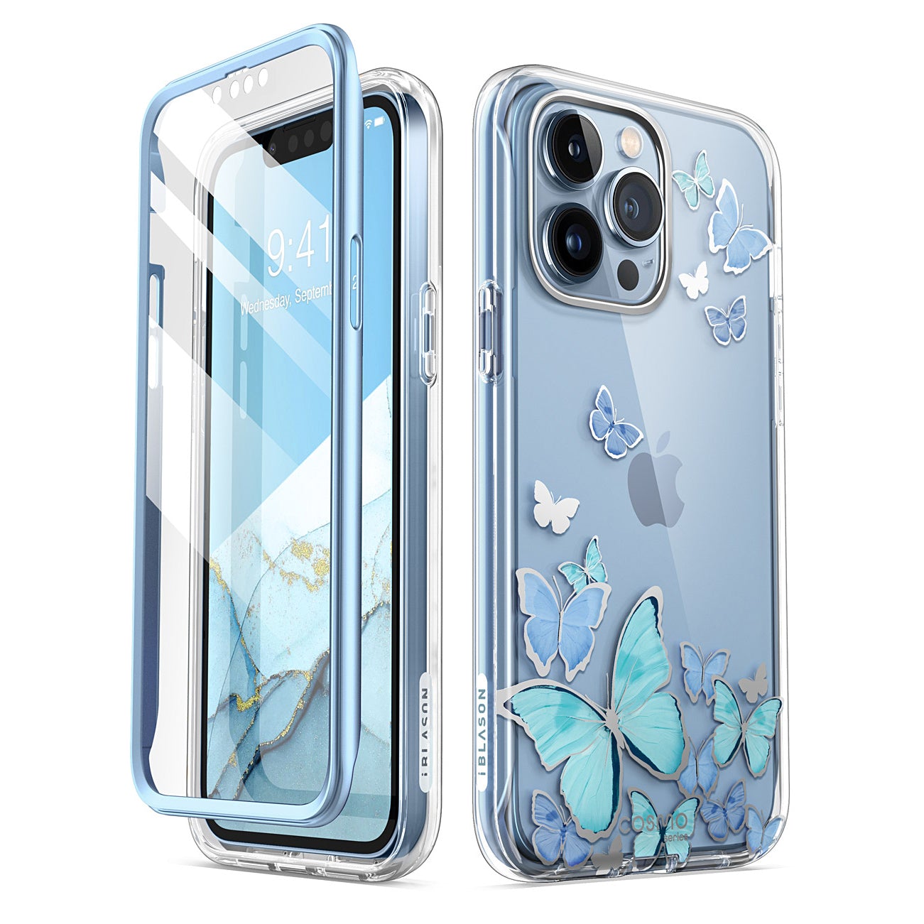 COSMO 360° Backcover Hoesje Met Screen Protector iPhone 13 Pro Max - Blauwe Vlinders 1