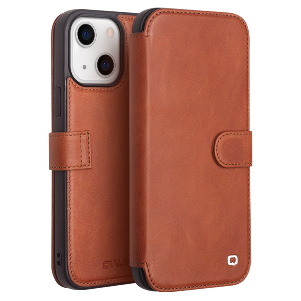 Qialino Leren iPhone 13 bookcase hoesje - Bruin