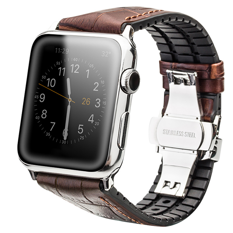 Qialino Leren patroon bandje Apple Watch series 1-9 en Apple Watch Ultra (1/2) voor 42-44-45-49 mm - Bruin