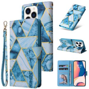 Marmer bookcase iPhone 14 Pro hoesje - Blauw 1