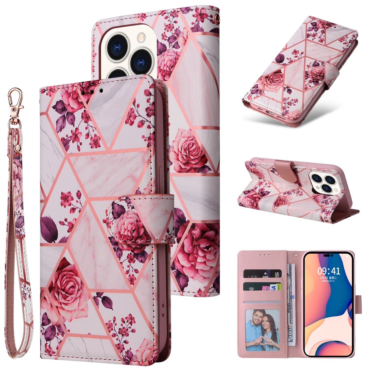 variatie Marmer bookcase iPhone 14 Pro hoesje – Rosegoud