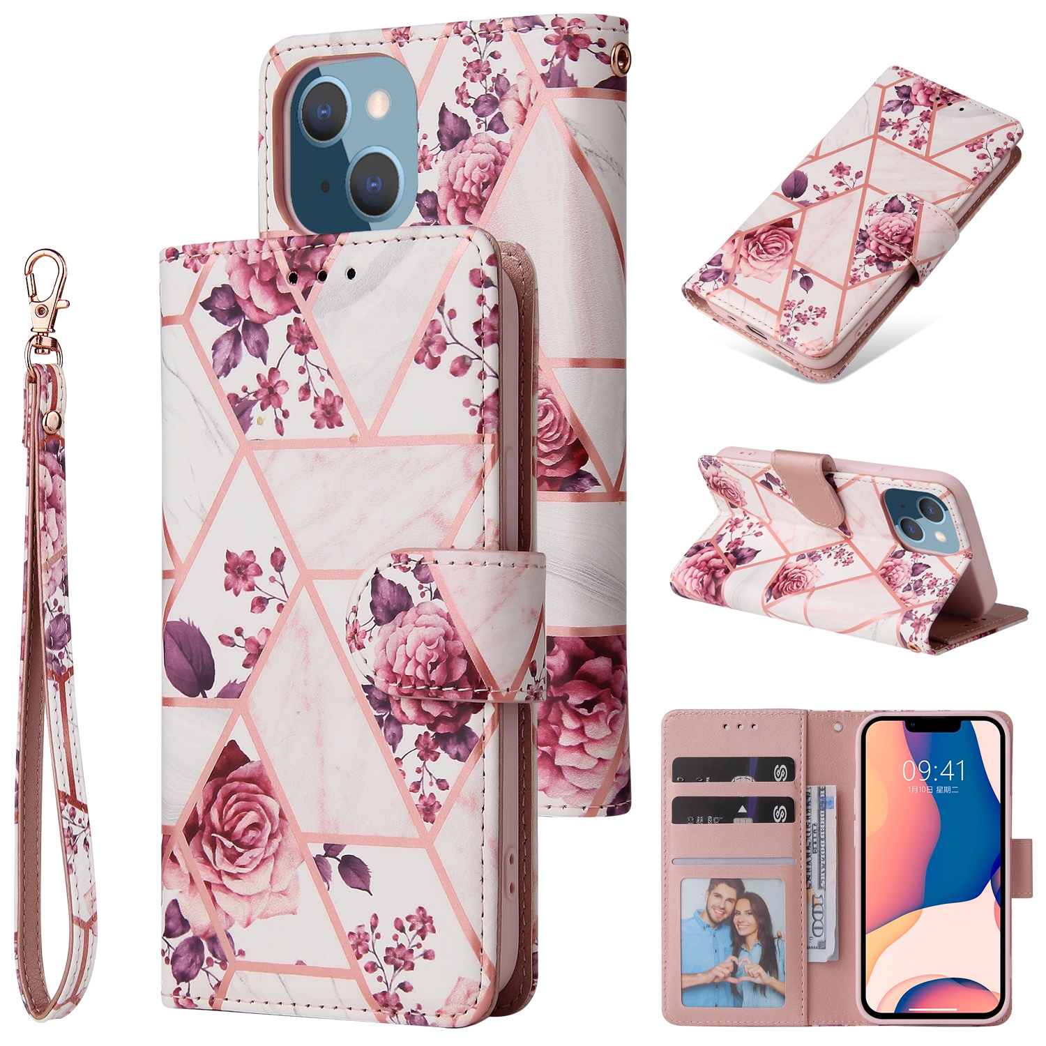variatie Marmer bookcase iPhone 14 en iPhone 13 hoesje – Rosegoud