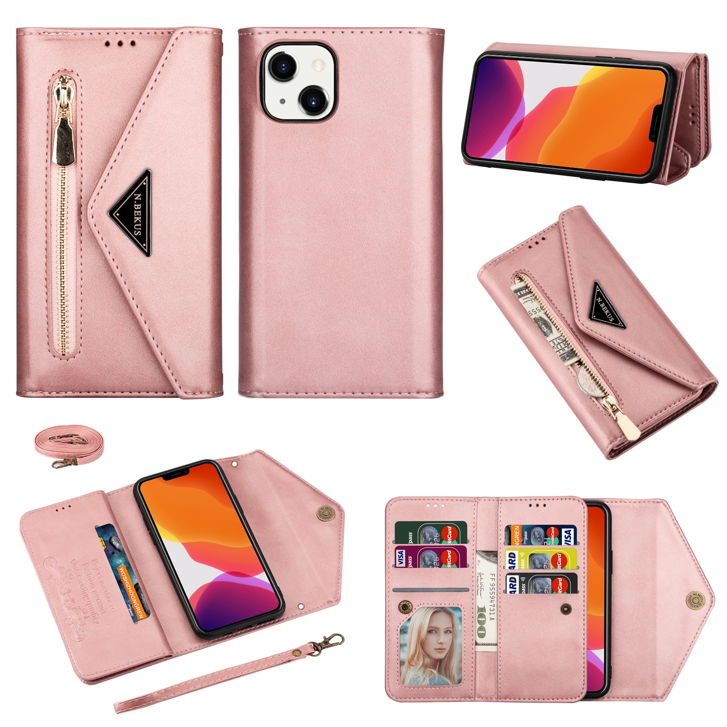 Bangladesh actie Perceptie iPhone 14 Plus Fashion wallet hoesje cross body - Roségoud