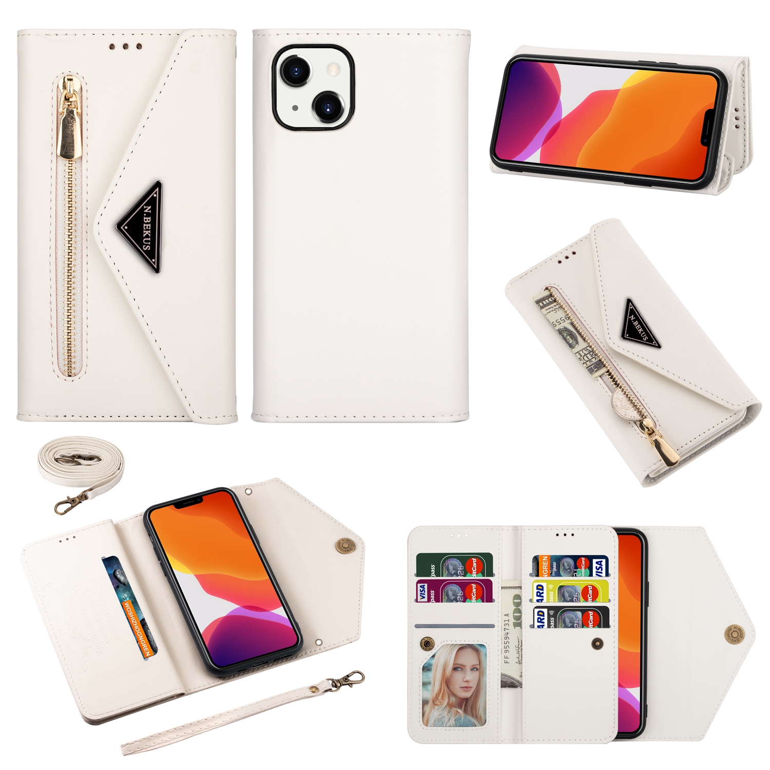 variatie iPhone 14 Plus Fashion wallet hoesje cross body – Wit