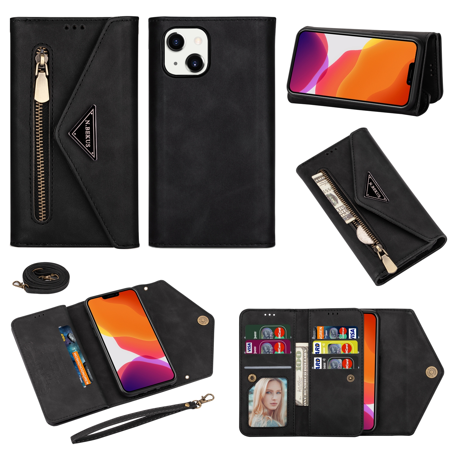 variatie iPhone 14 en iPhone 13 Fashion wallet hoesje cross body – Zwart