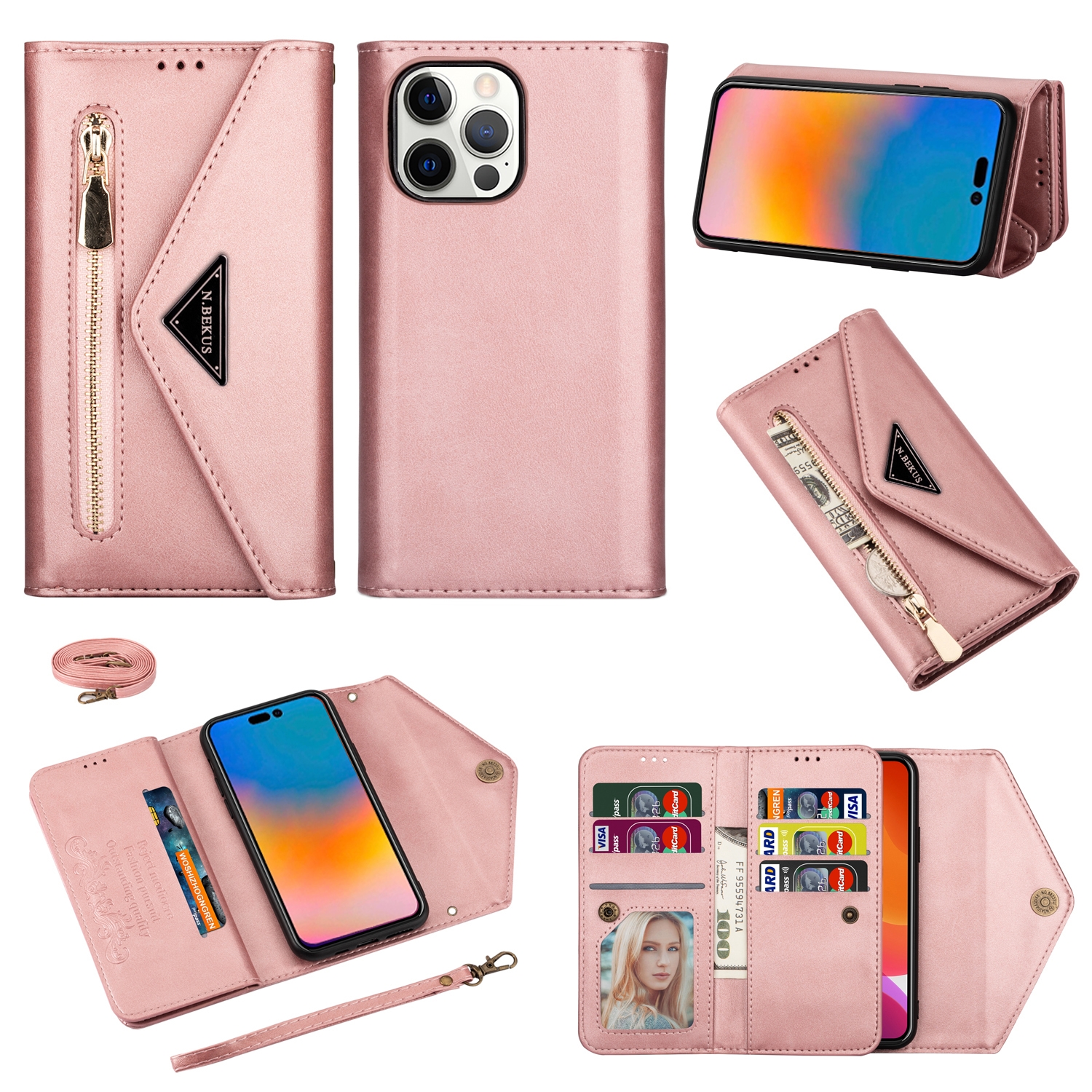 variatie iPhone 14 Pro Fashion wallet hoesje cross body – Roségoud