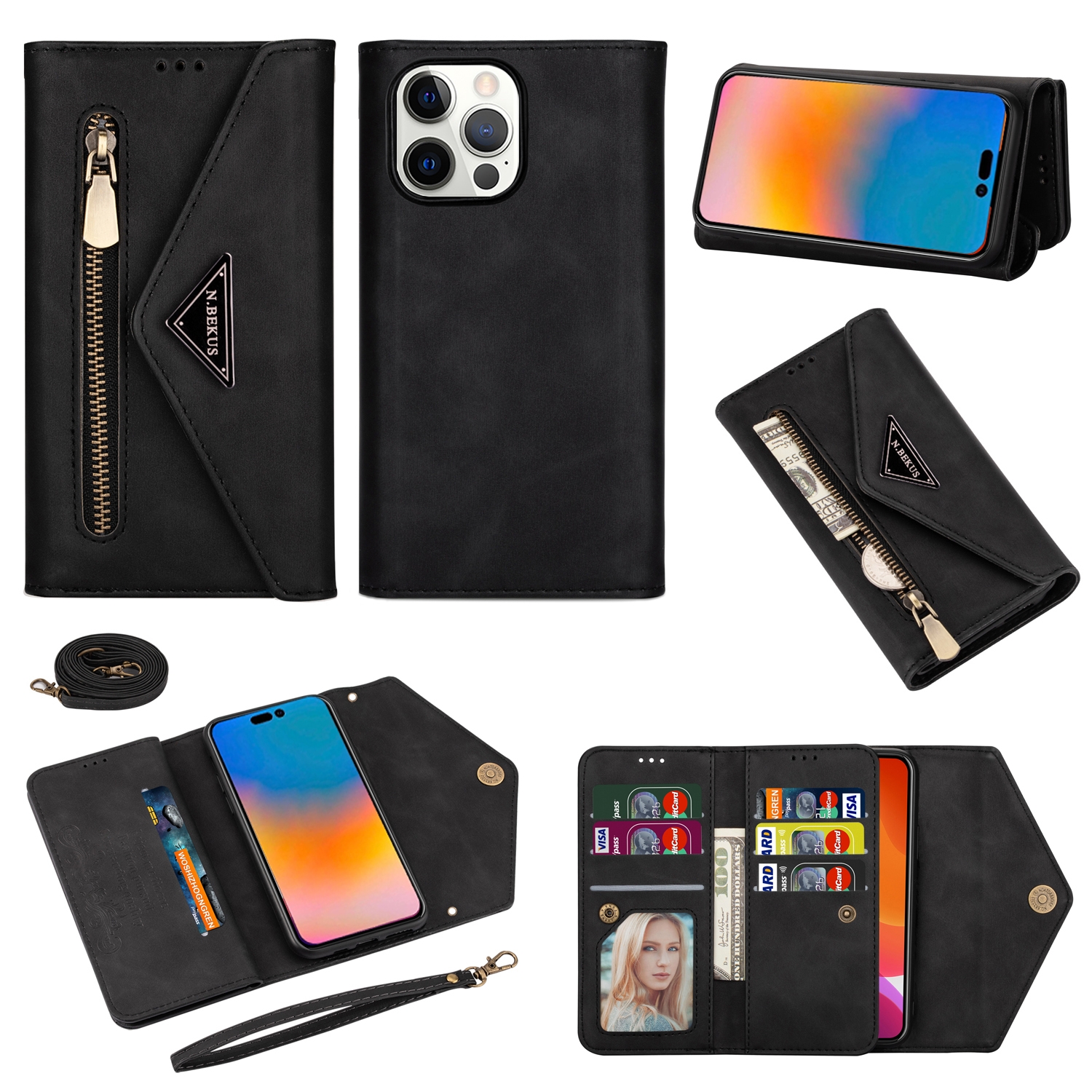 variatie iPhone 14 Pro Fashion wallet hoesje cross body – Zwart