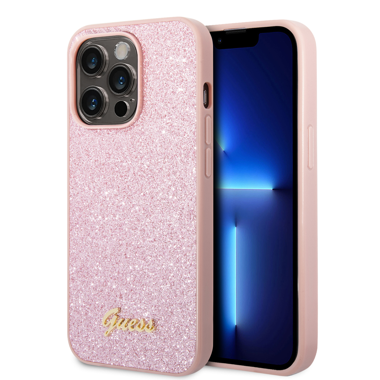 Opgewonden zijn Openlijk Beeldhouwwerk Guess Glitter Flakes iPhone 14 Pro hoesje - Roze