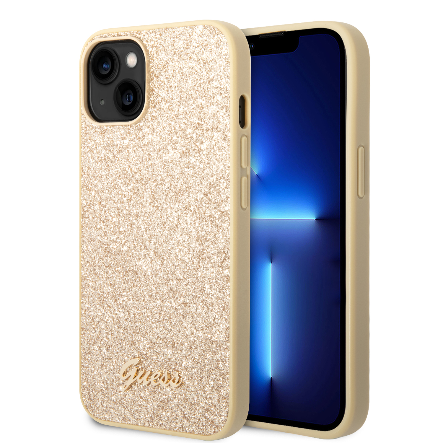 Supplement Versnipperd Afdeling Guess Glitter Flakes iPhone 14 en iPhone 13 hoesje - Goud