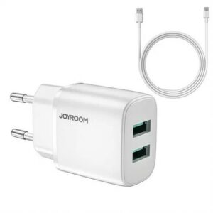 Joyroom 2.4A Dual USB-A oplader met snellaadfunctie – inclusief USB Type-C kabel – Wit