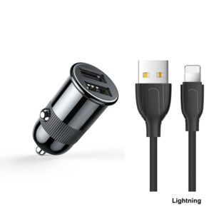 Joyroom 3.1A autolader met snellaadfunctie – 2 USB-A poorten inclusief Lightning kabel – Zwart