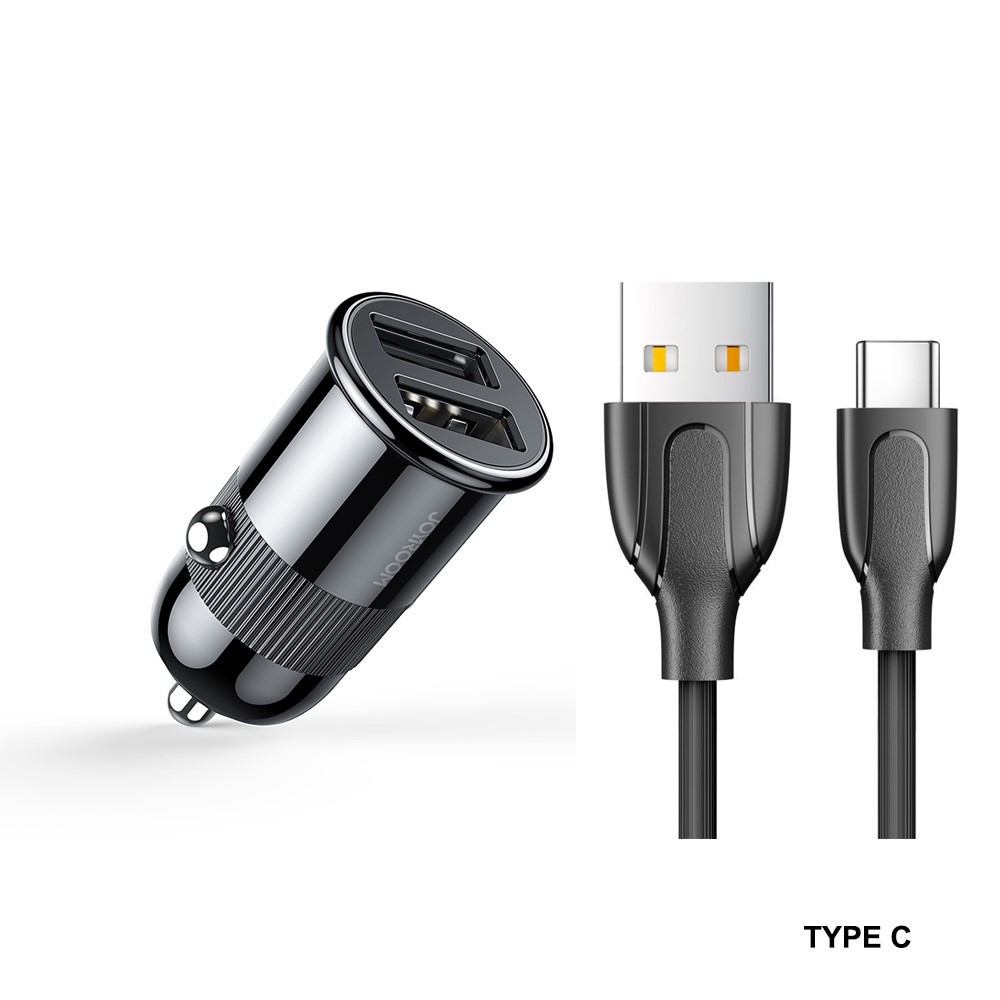 Joyroom 3.1A autolader met snellaadfunctie - 2 USB-A poorten inclusief Type-C kabel - Zwart 1