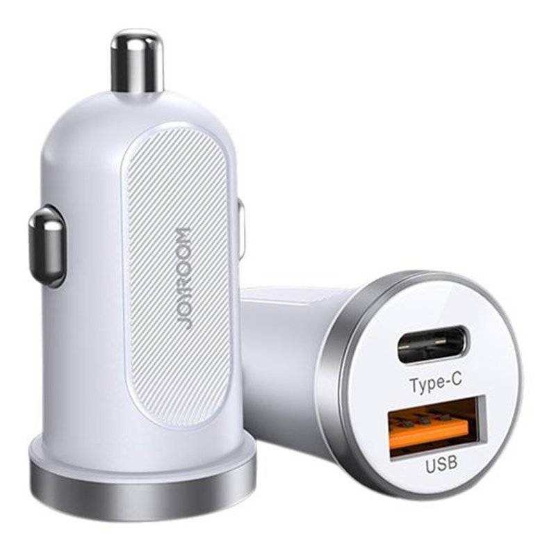 Joyroom 30W compacte autolader met snelladen, USB-A en USB type-C poorten - wit