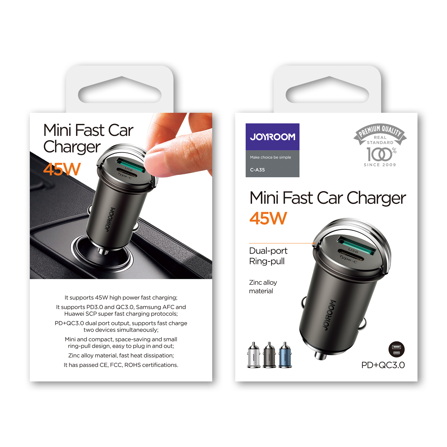 Joyroom 30W compacte autolader met snelladen, USB A en USB C poorten